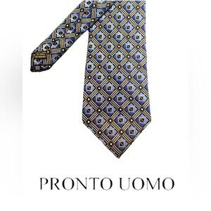 PRONTO‎ UOMO- EUC - XL 65” - 100% silk Tie - Blue & Silver Squared